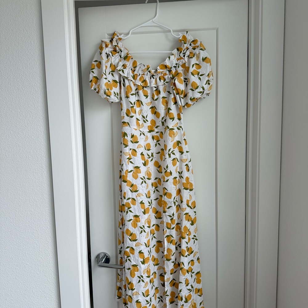Reformation Marley 100% Linen Off The Shoulder Lemon Print Midi Dress Size 4 - Picture 7 of 8